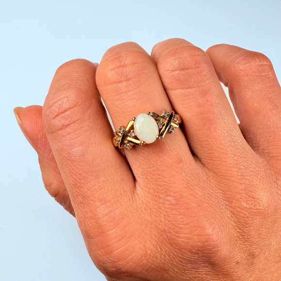 Estate Alwand Vahan 10K Solid Yellow Gold .50 CT Opal & Diamond Vintage Ring - Picture 6 of 11